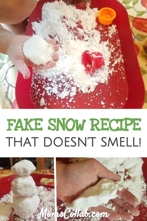 fake snow recipe - how to make fun easy pretend snow for kids using baking soda. This unscented indoor snow for children is perfect for any season. #fakesnow #snowrecipe #kidsactivities #diykids #diyfakesnow #funactivities #indooractivities Edible Fake Snow, Make Fake Snow For Kids, Fake Snow Recipe, Pretend Snow, Chanukah Crafts, Christmas Shelves, Sensory Snow, Indoor Snow, Snow Recipe