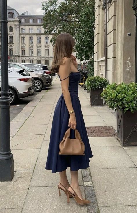 Elegant Dresses Casual Classy, Classy Navy Blue Outfit, A Line Dress Poses, Classy Dresses Aesthetic, Blue Cocktail Dress Outfit, Lady Aesthetic Classy, Cocktail Dress Aesthetic, Corporate Party Outfit, Midi Dress Aesthetic