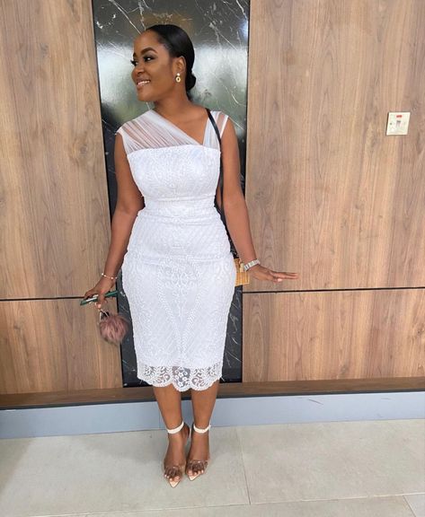 Crossett Dress, Ankara White Dress Styles, Lace Fitting Dress Styles, Short White Lace Gown, Lace White Dress Short Classy, Short Lace Dress Styles Ghana, White Lace Dress Short Classy, White Lace Dress Styles Ghana For Church, White Asoebi Lace Styles