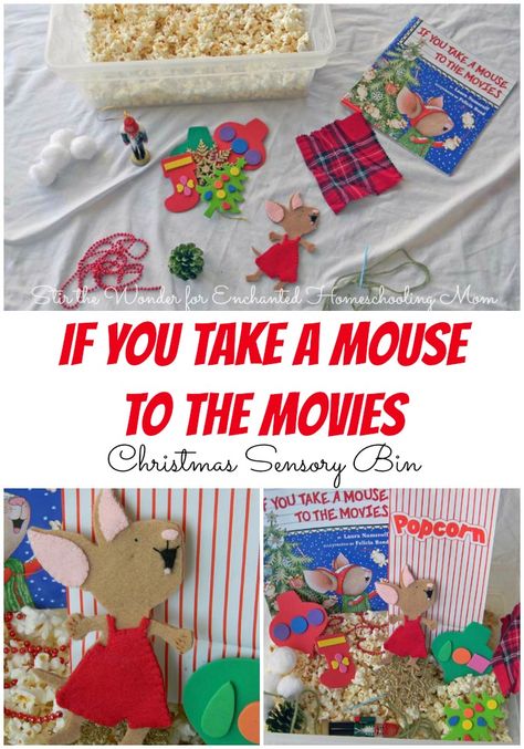 If You Take a Mouse to the Movies : Christmas Sensory Bin | Stir the Wonder for Enchanted Homeschooling Mom If You Take A Mouse To The Movies, Laura Numeroff, Preschool Books, Christmas School, Preschool Christmas, Preschool Fun, Sensory Bins, Sensory Activities, Sensory Play