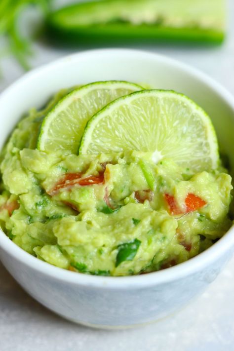 Easy Spicy Guacamole - La Saucy Kitchen Guacamole Sauce Creamy, Wholly Guacamole, Spicy Guacamole, Mashed Avocado, Just Eat It, Roma Tomatoes, Best Appetizers, Vegan Paleo, Tortilla Chips