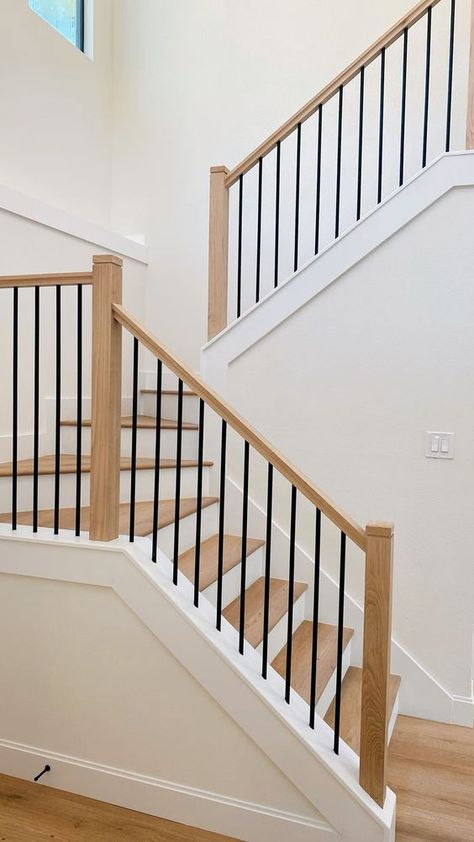 Two Tone Railing Stairs, Stair Railing Post Ideas, Replacing Wood Spindles With Iron, Wood Railing With Metal Spindles, Modern Staircase Balustrade, Wood Metal Staircase, Stair And Loft Railing, Stairs Uk Home, Bannister And Railing Ideas