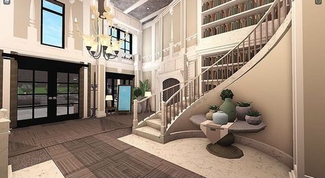 Bloxburg Mansion Entrance Ideas, Blocksburg Entrance Ideas, Entryway Idea Bloxburg, Bloxburg Main Entrance Ideas, Bloxburg Grand Entrance, House Entrance Bloxburg, Bloxburg Modern Entrance, Stairway Bloxburg, Bloxburg Stairway