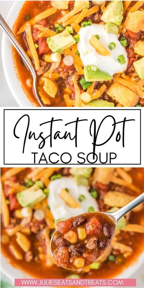 Warm up with a bowl of taco soup made in your Instant Pot! This delicious Instant Pot Taco Soup is loaded with flavor from taco seasoning, ground beef, tomatoes, beans and more. Top with your favorite taco toppings and enjoy it for an easy lunch or dinner recipe. Soup With Hamburger, Beef Taco Soup, Instant Pot Taco Soup, Pressure Cooker Beef, Soup Quick, Meals Kids Love, Tacos Mexicanos, Beef Taco, Taco Soup Recipe