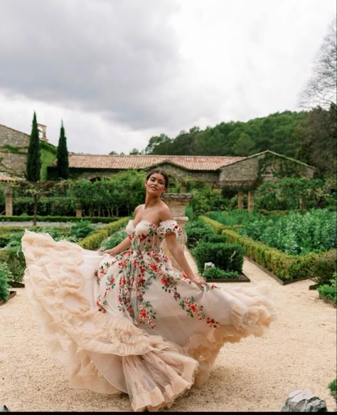 Wedding Dresses With Print, Ivory Floral Wedding Dress, Non Traditional Floral Wedding Dress, Poofy Floral Dress, White Wedding Dress With Colorful Flowers, Tradition Mexican Wedding, Flower Color Wedding Dress, Colorful Embroidery Wedding Dress, Non Traditional Quinceanera Dresses