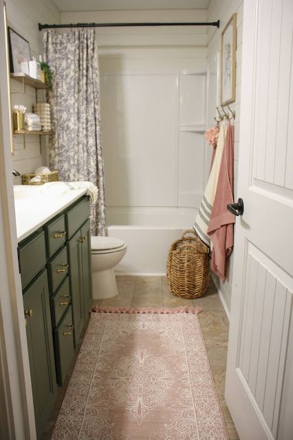 Bathroom Floor Laminate, Boring Bathroom Ideas, Arizona Bathroom Ideas, Show Curtain Ideas Bathroom, Budget Bathroom Update, Bathroom Ideas Family, Shower With No Lip, Small Hallway Nook Ideas, Comfy Bathroom Aesthetic