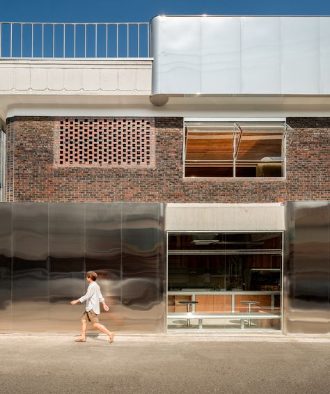 Gallery of A Layered Architecture: Adaptive Reuse Projects That Reframe the Past Through Bold Material Contrasts - 1 1980s House, Layered Architecture, Facade Panel, Building Front, Polycarbonate Panels, Paved Patio, Brick Texture, Concrete Building, Concrete Steps