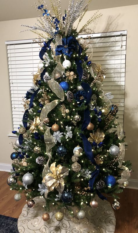 Christmas Tree Blue Silver And Gold, Gold Blue Silver Christmas Tree, Blue Decoration Christmas Tree, Christmas Tree With Blue And Silver, Christmas Tree Ideas Silver And Blue, Good And Blue Christmas Tree, White Blue Gold Christmas Tree, Navy Blue Christmas Decor Tree, Navy And Gold Christmas Tree Decorations