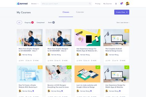 Konned – My Courses by Sang Nguyen on Dribbble Blogging Templates, Google Material Design, Course Web, Css Tutorial, Card Ui, Ui Design Website, Learning Projects, Blog Layout, Website Design Layout