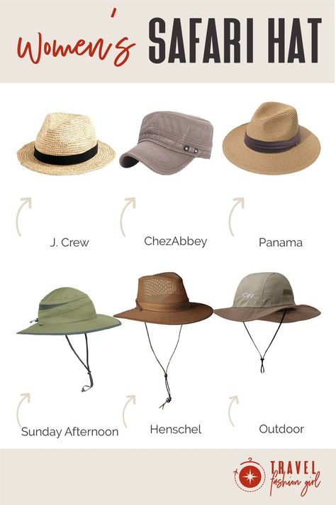 Safari hats are a great all around option for a trip across the savannah or a hike through a national park. Our readers give you their top recommendations of comfy (and stylish) headwear to choose from! Click through to see more about! #TravelFashionGirl #TravelFashion #TravelAccessories #safariclothing #safarifashion #safarihats Safari Park Outfits, Safari Outfit Inspiration, Outdoor Hats For Women, Stylish Safari Outfit Women, Safari Hat Women, Plus Size Safari Outfit, Safari Hat Outfit, Kenya Outfits, Safari Fashion Women