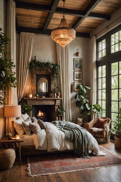 Boho Bedroom Fireplace, Boho Bedroom Window Ideas, Moody Boho Interior Design, Bedroom Fireplace Decor Ideas, Earthy Home Bedroom, Boho House Decor Bedroom, Bedroom Interior Boho, Large Bedroom Inspirations, Naturecore Bedroom