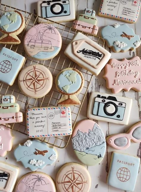 Travel Theme Strawberries, Map Cookies Decorated, Travel Theme Cupcakes Ideas, Travel Cookies Ideas, Travel Cupcakes Ideas, Travel Bridal Shower Cookies, Travel Themed Cupcakes, Travel Theme Graduation Party, Travel Wedding Shower Theme