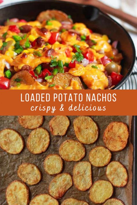 Roasted Potato Nachos, Steak And Potato Nachos, Loaded Potato Chip Nachos, Potato Wedge Nachos, Potato Nachos Vegan, Potato Wedges Loaded, Potatoe Nachos Recipe, Potato Nachos Air Fryer, Smashed Potato Nachos