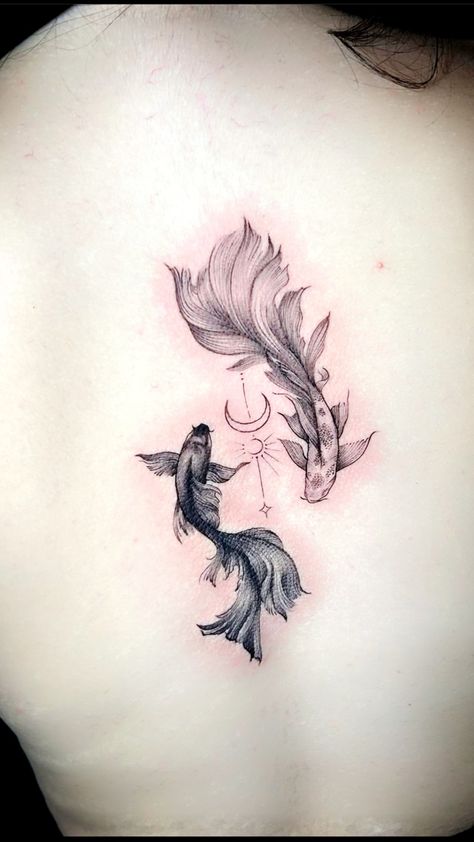 Fresh Back Pisces tattoo Pisces Chest Tattoo Female, Pisces Tattoo Back, Pisces Tattoo Thigh, Pretty Pisces Tattoo, Matching Pisces Tattoos, Pisces Woman Tattoo, Pisces And Libra Tattoo, March Pisces Tattoo, Pisces Chest Tattoo