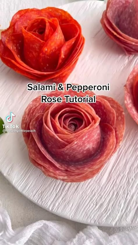 Salami & Pepperoni Roses [Video] | Food carving, Easy food art, Food garnishes Roses Video, Decorações Com Comidas, Amazing Food Decoration, Homemade Hamburgers, Party Food Platters, Charcuterie Recipes, Food Carving, Easy Food Art, Dandelion Recipes