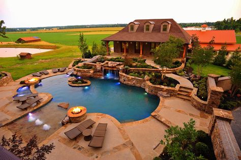 Ultimate back yard! Big Backyard With Pool And Playground, Big Pool With Slide, Pool With Rock Slide, Ariel View Of Backyard Pool, Pool With Rock Slide And Waterfall, Luxury Pools Backyard, Luxurious Pool, Backyard Balcony, Dream Backyard Pool