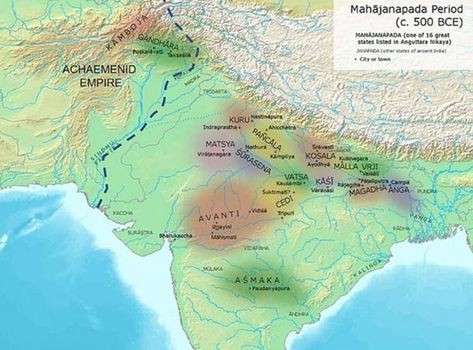 Eastern border of the Achaemenid Empire and ancient kingdoms and cities of India. (Avantiputra7 / CC BY-SA 3.0) Vedic Period, Ancient India Map, Ancient Indian History, Buddhist Texts, Buddhist Scriptures, The Mahabharata, Ancient Kingdom, India Map, Form Of Government