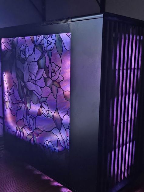 Cozy Gamers 👾🪴 | I finally got my dream PC built and she's beautiful 🥹 | Facebook Game Desk, Purple Stained Glass, Purple Lighting, Gamer Room Decor, Custom Pc, Pc Case, Gamer Room, Game Room Design, Pc Cases