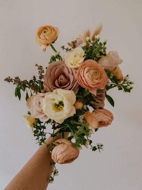 Contact us for wedding flowers! Muted Fall Bouquet, Small Fall Wedding Bouquet, Desert Bouquet Wedding, Small Wedding Bouquets Spring, Fall Bridesmaid Bouquets, Ranunculus Wedding Flowers, Bouquet Designs Ideas, Fall Wedding Flowers Centerpieces, Desert Wedding Florals