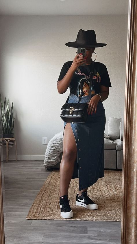 Ciara Inspired Outfits, Fast Fashion Outfits, Denim Dress And Sneakers Outfit, Fall Music Festival Outfit Ideas, Midsize Fashion Summer Work, Fall Cookout Outfit, Hobo Chic Outfits, Spring Outfits 2024 Street Style, Plus Size Casual Outfits Black Women