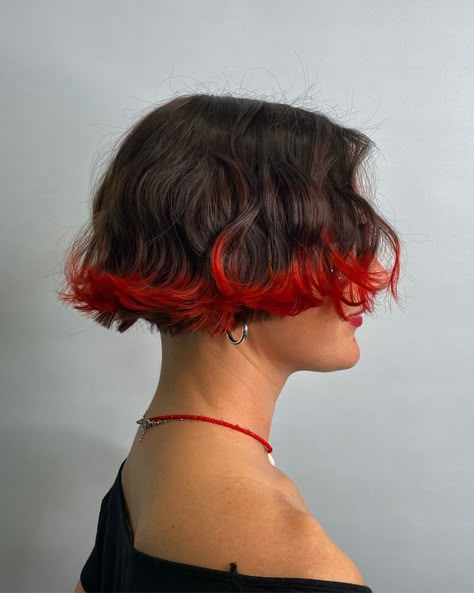 Korean inspired hair, bicolor, red hair tips, hair inspo, short bob, short wavy bob Dip Dye Hair Short, Red Hair Tips, Dipped Hair, Short Dyed Hair, Dyed Tips, Short Red Hair, Dip Dye Hair, Colored Hair Tips, Short Haircuts For Women