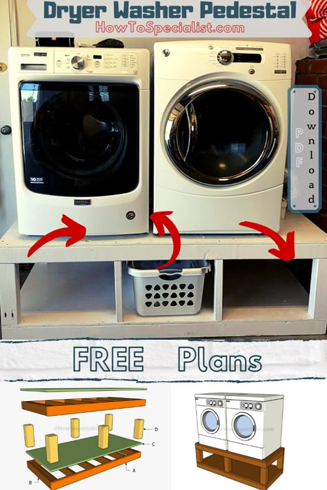 How To Build A Stand For Washer And Dryer, Pallet Washer And Dryer Pedestal, Diy Riser For Washer And Dryer, Diy Stand For Washer And Dryer, Split Level Laundry Room, Washer Dryer Platform Diy, Build Washer Dryer Pedestal, Diy Raised Washer And Dryer, Built In Pedestal Washer And Dryer