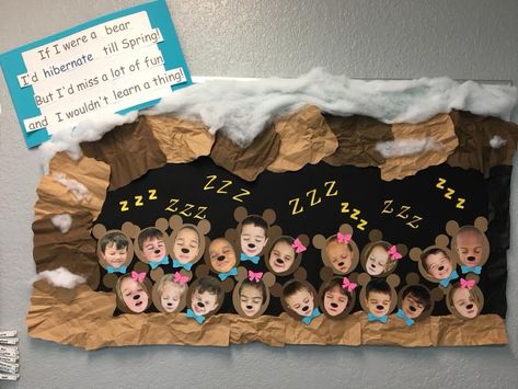 Bear Hunt Bulletin Board, Hibernation Bulletin Board Ideas, Hibernation Bulletin Board, Bear Classroom Door, Preschool Hibernation Activities, Bear Bulletin Board Ideas, Winter Bulletin Boards For Preschool, January Bulletin Board Ideas, Winter Bulletin Board Ideas