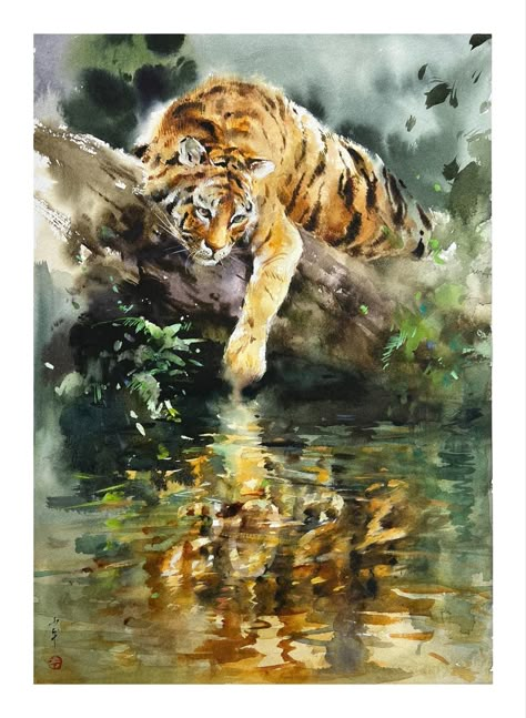 Animals Watercolor Paintings, Tiger Watercolor Painting, Watercolour Lion, Painting Moodboard, Painting With Words, Watercolor Masters, Tiger Watercolor, Aqua Inspiration, Watercolor Art Inspiration