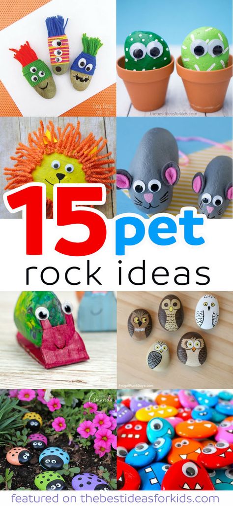 15 Fun Pet Rock Ideas perfect for the kindness project, painted rock ideas, rock hunting hide and seek, painted rocks how to, and so many great painted rock idea! via @bestideaskids Easy Pet Rocks Ideas, 1970s Crafts Ideas, Pet Rocks Ideas, Pet Rock Ideas, Pet Rocks Craft, Rock Pets, Carton Craft, Summer Countdown, Pebble Crafts