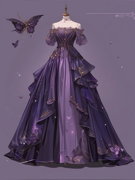 Purple Gown Design, Purple Ball Gown Princesses, Purple Fantasy Dress, Purple Ballgown, Purple Ball Gown, Magical Dress, Dreamy Gowns, Dress Design Drawing, Fashion Drawing Dresses