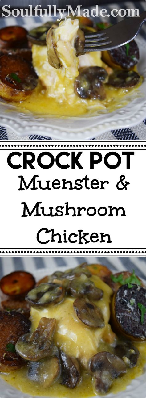 Crock Pot Muenster & Mushroom Chicken - Off the Charts Flavor that have your Family wanting seconds Crockpot Dump Recipes, Dump Recipes, Chicken And Mushrooms, Delicious Chicken Dinners, Delicious Slow Cooker Recipes, Chicken Dishes Easy, Dump Meals, Friends Food, Slow Cooker Dinner