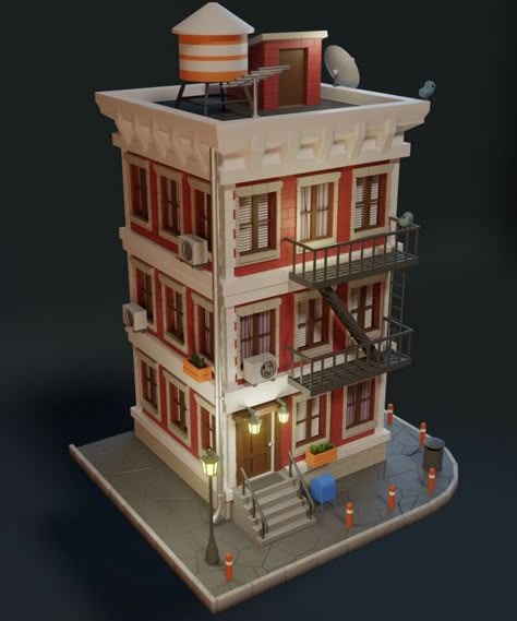 ArtStation - Stylized apartment building Apartment Model Architecture, Apartment Drawing Exterior, Ny Buildings, Architectural Design Concept, Isometric Building, Roblox Builds, Blender Ideas, 3d Building Design, Sims Builds