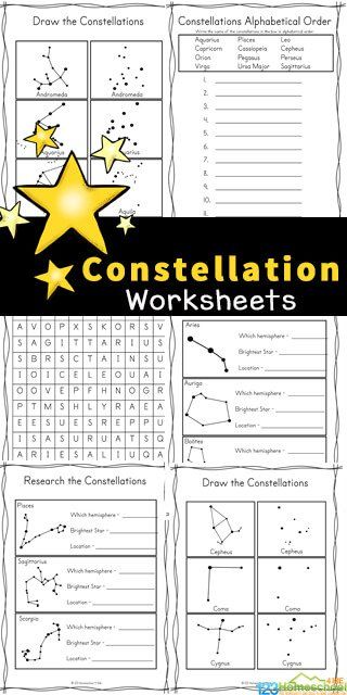 These free, no-prep Constellation Worksheets are a great way for children to learn about 28 different constellations that can be found in the night sky in either the Northern or the Southern Hemisphere. Included in this pack of Constellation activity sheets are several fun ways for kids to explore the solar system for kids and the patterns stars make in the sky. Simply print pdf file with Constellation Printables and you are ready to play and learn about constellations for kids with a fun ... Constellation Worksheet, Constellation Activities, Summer Science Activities, Solar System Worksheets, Solar System Activities, Winter Science Experiments, Solar System For Kids, Solar System Projects, Planet For Kids