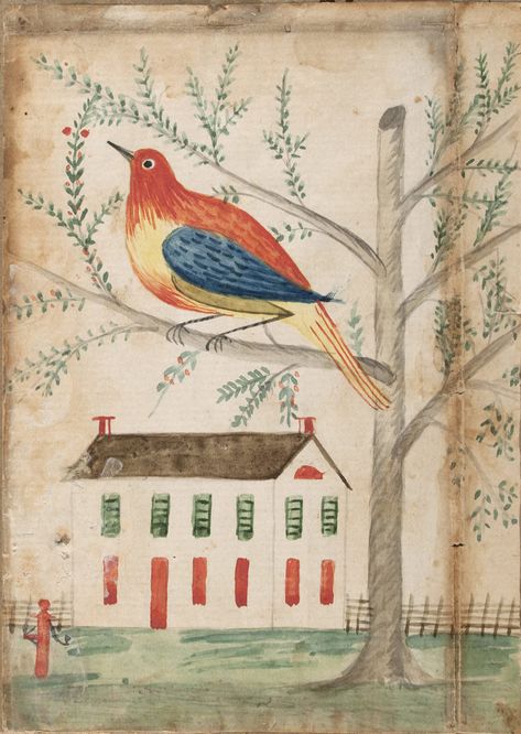 House and Bird on a Tree Bird In A Tree, Willa Cather, Barnes Foundation, German Folk, Vintage Classics, Primitive Folk Art, American Folk Art, Naive Art, Folk Art Painting