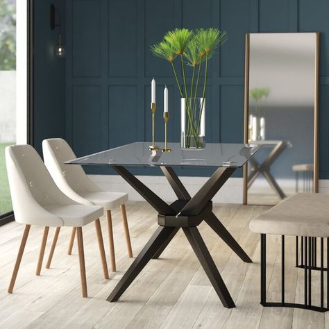 Wood Base Dining Table, Dining Area Design, Trestle Dining Table, Dining Table Wood, Trestle Dining Tables, Table Wood, Glass Dining Table, Upholstered Bench, Rectangular Dining Table