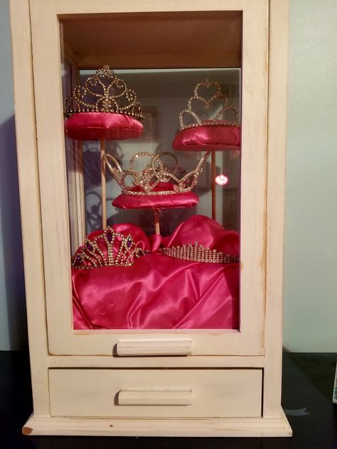 Tiara Display Ideas, Pageant Crown Display, Tiara Storage, Crown Display Ideas, Pageant Crown Display Ideas, Fairy Masquerade, Award Wall, Crown Display, Office Chair Makeover