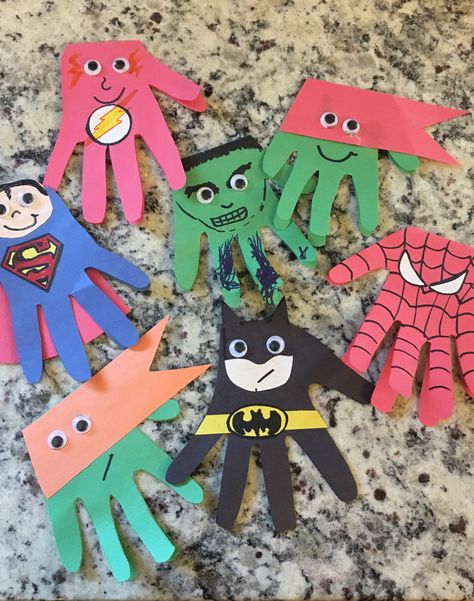 Super Hero Projects, Super Hero’s Crafts, Superman Handprint, Superhero Theme Crafts, Superhero Crafts For Preschoolers, Super Hero Camp Ideas, Super Hero Crafts For Toddlers, Superhero Week Activities, Super Hero Arts And Crafts