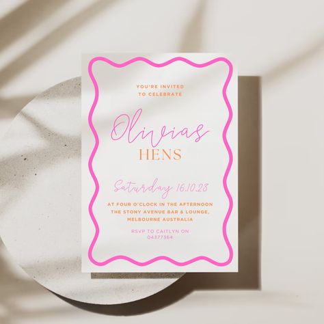 Hens Wavy Border | Hens Invite with Wavy Border | Orange and Pink Invite | Squiggle Engagement Invite | Digital Download Invite | Hens Party Hens Invite, Hen Party Invite, Pink Invite, Engagement Invite, Menu Design Ideas, Hens Party Invitations, Hens Party, Orange And Pink, Printing Company