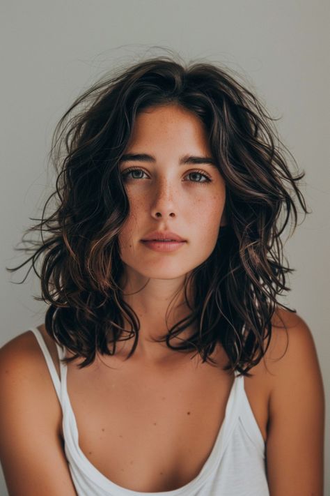 Mid Bob Curly Hair, Wavy Mid Length Hair Styles, Mid Length Hair Curly Natural, Long Layered Hair Shoulder Length, Long Bob Curly Haircuts, Long Bobs For Curly Hair, Women Wavy Haircut, Female Shoulder Length Haircut, Curly Waves Short Hair