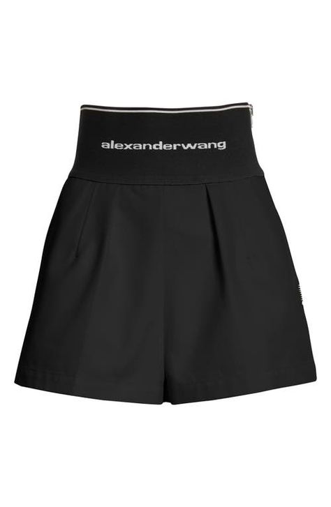 "Find ALEXANDER WANG Carrot High Waist Logo Shorts on Editorialist. With a logo-embroidered high elastic waist and an exposed zipper, these wide-leg shorts bring more than the usual sporty style. 2\" inseam; 29\" leg opening; 16\" front rise; 19\" back rise (size 8) Exposed side-zip closure Front slant pockets; back welt pocket 83% cotton, 17% nylon Dry clean Imported Women's Designer Clothing" Black Snow White, Black Snow, Denim Cutoff Shorts, Pleated Shorts, Exposed Zipper, High Rise Shorts, Clothing Care, Sporty Style, Designer Outfits Woman