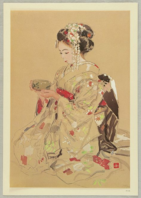 Saburo Miyamoto 1905-1974 - Twelve Maiko Subjects - Tea Ceremony - artelino Geisha Tea Ceremony, Maiko Illustration, Traditional Japanese Painting, Japanese Traditional Art, A Level Art Sketchbook, Geisha Art, Japanese Art Prints, Japanese Artwork, Asian Painting