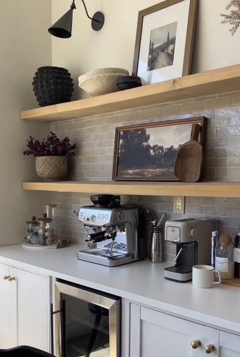 Basement Bar Shelf Decor, How To Style Coffee Bar, Coffee Bar By Window, Coffee Bar Open Shelving Display, Coffee Bar Shelf Styling, Coffee Corner Styling, Bar Shelf Styling Ideas, Coffee Alcohol Bar Ideas, L Shaped Coffee Bar