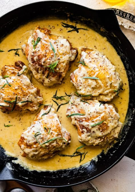 Chicken Thighs with Creamy Mustard Sauce Recipe Chicken Thighs With Creamy Mustard Sauce, Easy Healthy Chicken Thigh Recipes, Chicken Thighs Dinner Recipes, Italian Chicken Thighs, Turkey Thigh Recipes, Mustard Sauce Recipe, Mustard Chicken Thighs, Chicken Thighs Dinner, Chicken Thigh Recipe