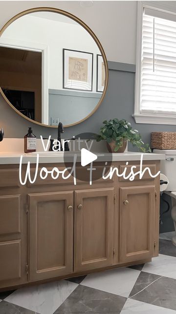 Tiffany Castleberry on Instagram: "Have a piece of furniture or cabinets you want to give a new wood finish to? YOU CAN! Comment: SHOP for links and a full tutorial. I found this liquid wood product that you paint on, then stain and seal! What!?!?! Yep! Even better - no sanding or stripping needed! And you can customize the color using different base and stain colors! Direct link: https://liketk.it/4vWya I have a step-by-step tutorial on my blog: www.mydiyhappyhome.com . #cabinetpainting #woodcabinets #stainedvanity #cabinets #cabinetry #vanity #diytutorial #bathroom #bathroomrefresh #bathroominspiration #bathroomdesign #bathroommakeover" Earthy Bathroom Ideas Natural Minimalist, Staining Bathroom Cabinets, Wood Finish Bathroom Vanity, Bathroom Vanity Stain Colors, Honey Oak Bathroom Vanity Makeover, Gel Stain Bathroom Vanity, Brown Painted Vanity, Bathroom Counters Ideas, Stain Bathroom Vanity