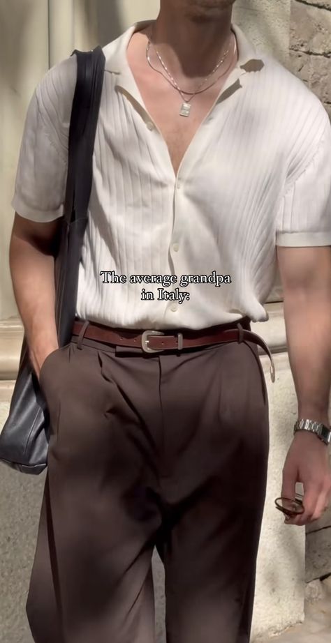 Sophisticated Men Outfits, Hm Aesthetic Outfits, Tea Party Outfit Male, Men Dinner Party Outfit, Aesthetic Summer Clothes Men, Brown Dress Pants Outfit Mens, Men’s Old Money Style Summer Outfits, Soft Natural Kibbe Men, Men’s Wide Leg Trousers Outfit