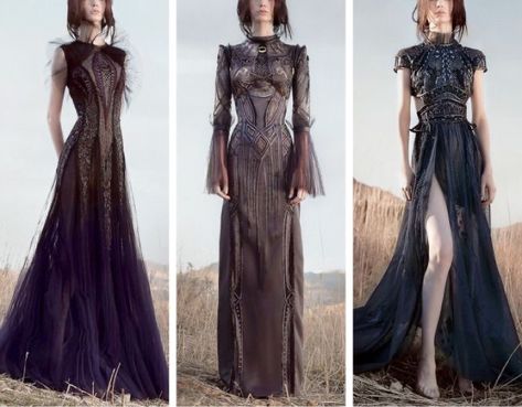 Dark Fae Dress, Got Inspired Dress, Night Court Fashion, Dark Fantasy Fashion, Armour Dress, Dress References, Warrior Fashion, Evermore Fashion, Fantasy Dresses