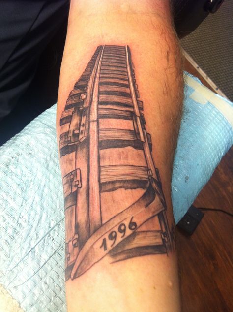 Train tracks Train Tattoos For Women, Train Track Tattoo, Track Tattoo, Train Tattoos, Trains Photography, Train Tattoo, Steam Trains Photography, Wheel Tattoo, Left Arm Tattoos