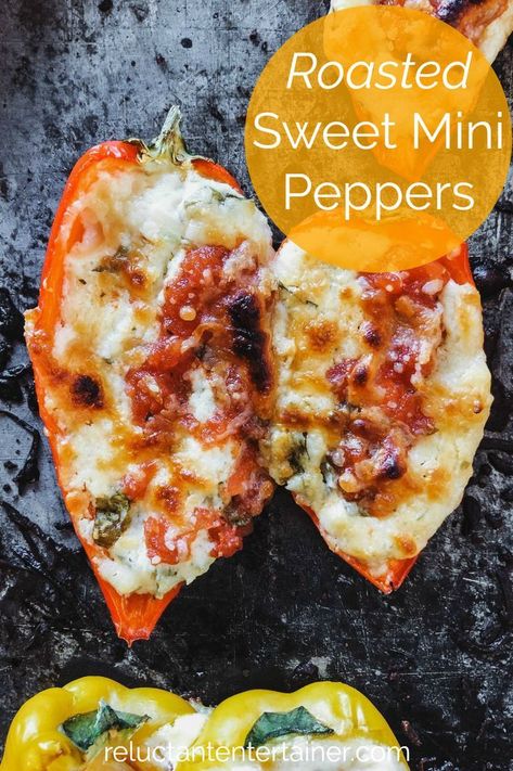 Roasted Sweet Mini Peppers come together in less than 30 minutes. A delicious vegetarian appetizer, everyone loves these sweet fiesta bites! Roasted Mini Peppers, Mini Peppers Recipes, Sweet Pepper Recipes, Vegetarian Appetizer, Mini Peppers, Catering Food Displays, Korean Noodles, Mini Sweet Peppers, Bell Pepper Recipes