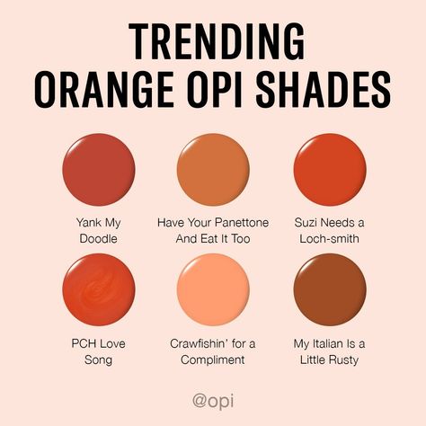 Opi Fall Orange Colors, Opi Dark Orange Nail Polish, Orange Opi Colors, Opi Burnt Orange Nail Polish, Opi Dip Powder Colors Fall, Opi Orange Nail Polish, Bronze Nail Polish, Nail Inspired, Bronze Nails