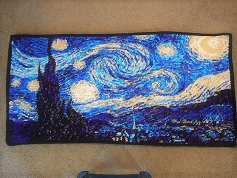 crochet starry night -  from roundup of Masterpieces created in crochet Crochet Starry Night Free Pattern, Starry Night Crochet Blanket, Crochet Landscape Patterns, Starry Night Crochet Pattern, Crochet Painting Patterns, Crochet Starry Night, Transitional Small Bathroom, Crochet Van Gogh, Landscape Crochet